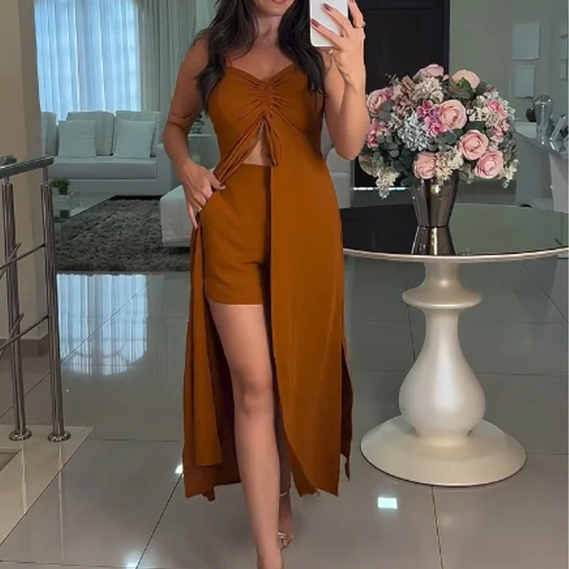 Savina Rosania™ V-Neck Sleeveless Camisole with Slit Long Dress & Shorts 2-Piece Set