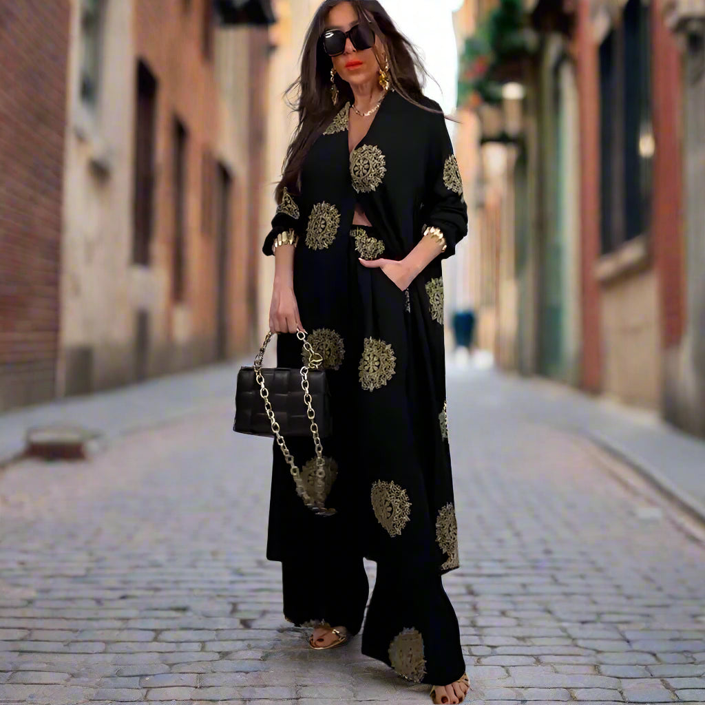 Erica Amadio™ V-neck Long Coat & Printed Wide-leg Pants Two-piece Set
