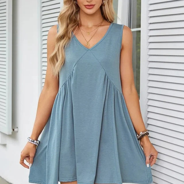 Monica Verno™ Women’s V-Neck Sleeveless Vest Loose pleated Dress