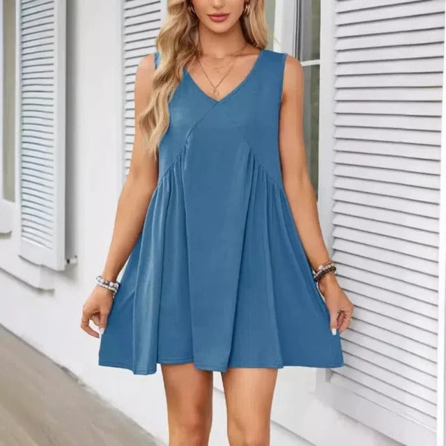 Monica Verno™ Women’s V-Neck Sleeveless Vest Loose pleated Dress