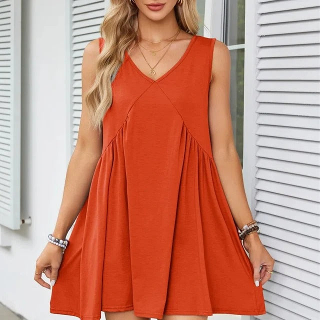 Monica Verno™ Women’s V-Neck Sleeveless Vest Loose pleated Dress