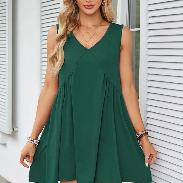 Monica Verno™ Women’s V-Neck Sleeveless Vest Loose pleated Dress