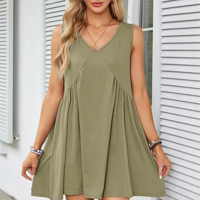 Monica Verno™ Women’s V-Neck Sleeveless Vest Loose pleated Dress