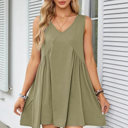 Monica Verno™ Women’s V-Neck Sleeveless Vest Loose pleated Dress