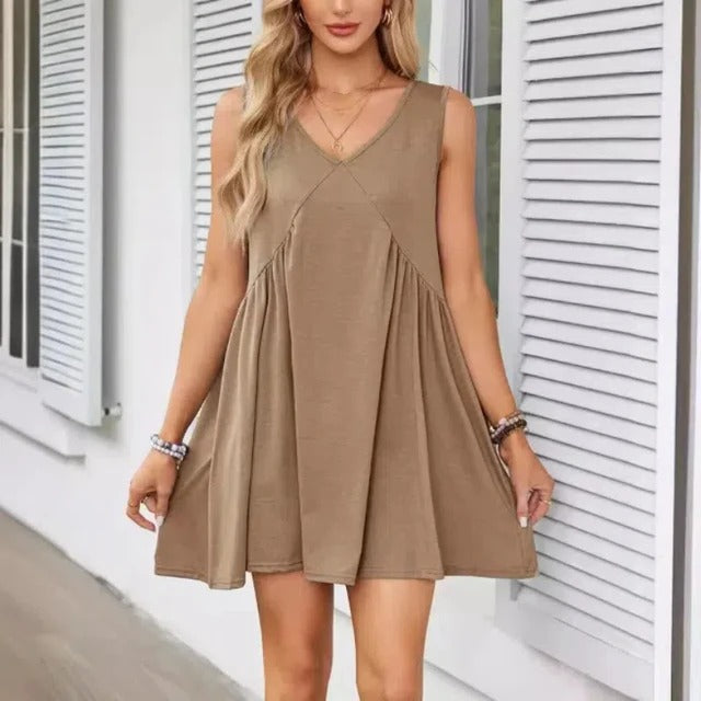 Monica Verno™ Women’s V-Neck Sleeveless Vest Loose pleated Dress