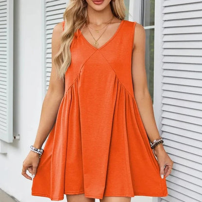 Monica Verno™ Women’s V-Neck Sleeveless Vest Loose pleated Dress