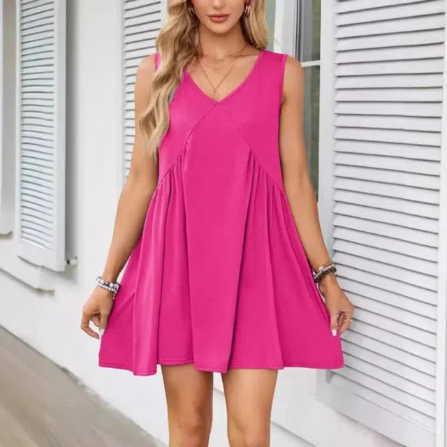 Monica Verno™ Women’s V-Neck Sleeveless Vest Loose pleated Dress