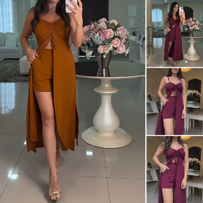 Savina Rosania™ V-Neck Sleeveless Camisole with Slit Long Dress & Shorts 2-Piece Set