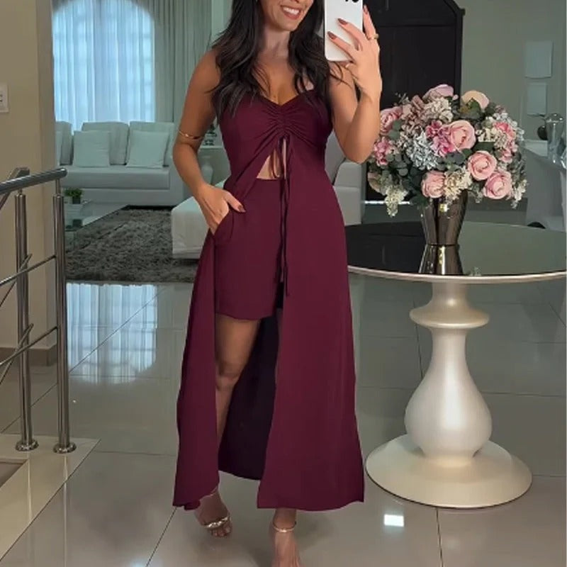 Savina Rosania™ V-Neck Sleeveless Camisole with Slit Long Dress & Shorts 2-Piece Set